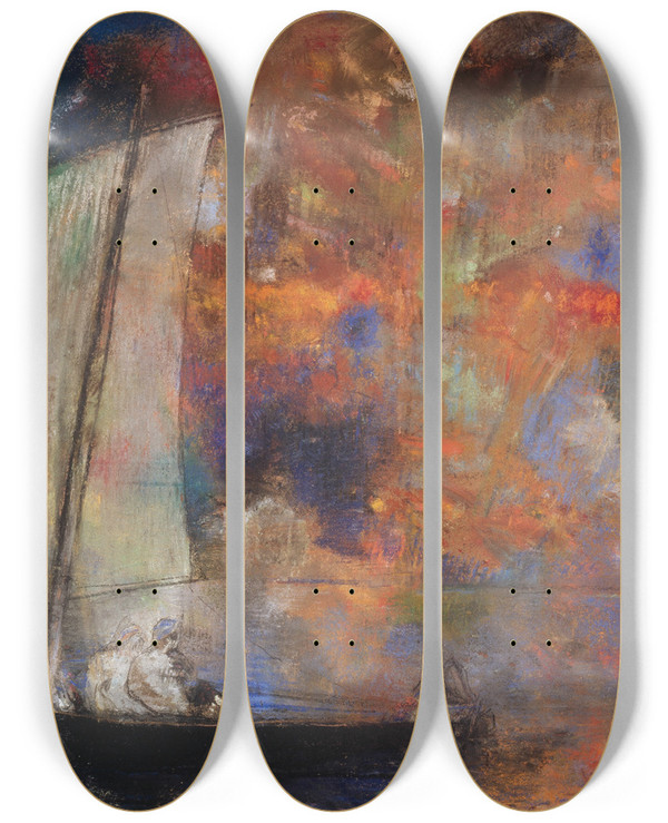 Triptych art skateboard deck of Odilon Redon Flower Clouds by Odilon Redon (1840-1916)