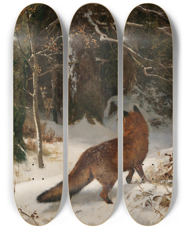 Triptych art skateboard deck of Josef Schmitzberger Winterliche Begegnung by Josef Schmitzberger (1851-1930)
