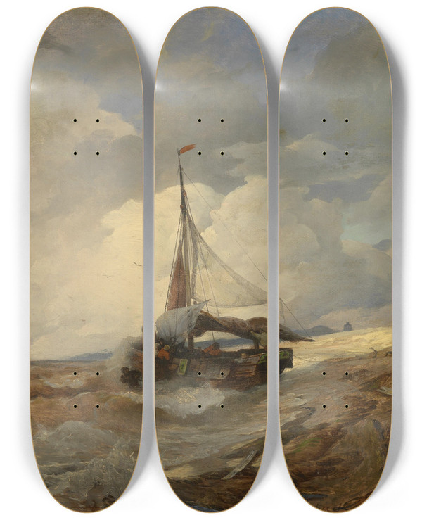 Triptych art skateboard deck of Andreas Achenbach Fischerboot In Seenot by Andreas Achenbach (1815-1910)
