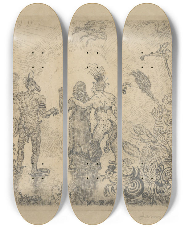 Triptych art skateboard deck of James Ensor De Duivels Dzitts En Hihanox Leiden Christus Naar De Hel by James Ensor (1860-1949)