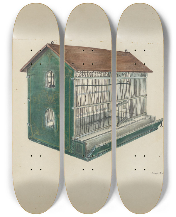 Triptych art skateboard deck of Angelo Bulone Zoar Bird Cage by Angelo Bulone