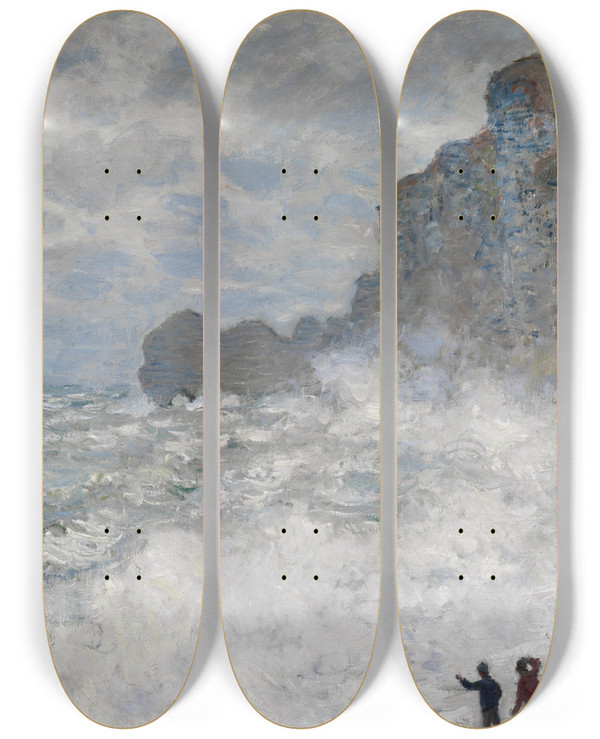 Triptych art skateboard deck of Claude Monet Rough Weather At Tretat by Claude Monet (1840-1926)