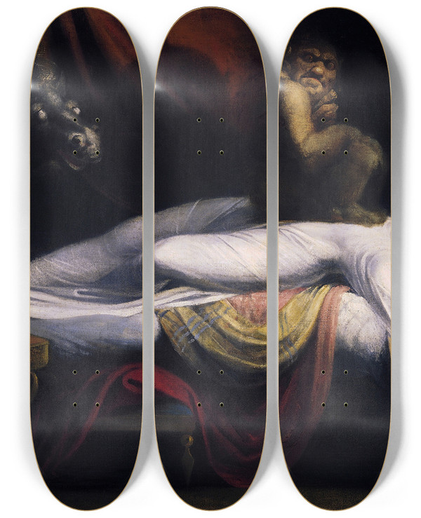 Triptych art skateboard deck of Henry Fuseli The Nightmare by Henry Fuseli (1741-1825)