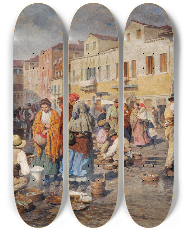 Triptych art skateboard deck of Carl Feiertag Fischmarkt In Venedig by Carl Feiertag (1874-1944)