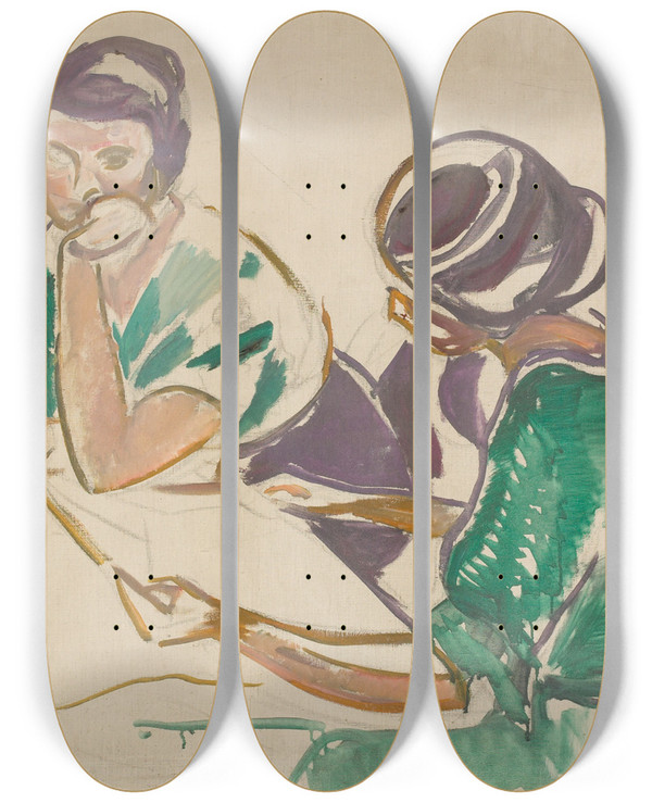 Triptych art skateboard deck of Edvard Munch Two Women At The Table by Edvard Munch (1863-1944)