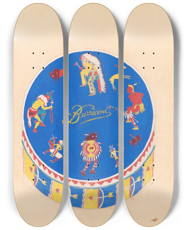 Triptych art skateboard deck of Winold Reiss Graphic Design Drawings For Barricini Candy Packages 3D Study Circular Candy Box With Indian Motif On Blue Background by Winold Reiss (1886-1953)