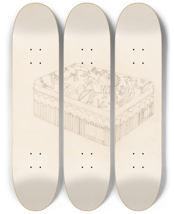 Triptych art skateboard deck of Winold Reiss Graphic Design Drawings For Barricini Candy Packages 3D Study Rectangular Candy Box With Indian Motif by Winold Reiss (1886-1953)