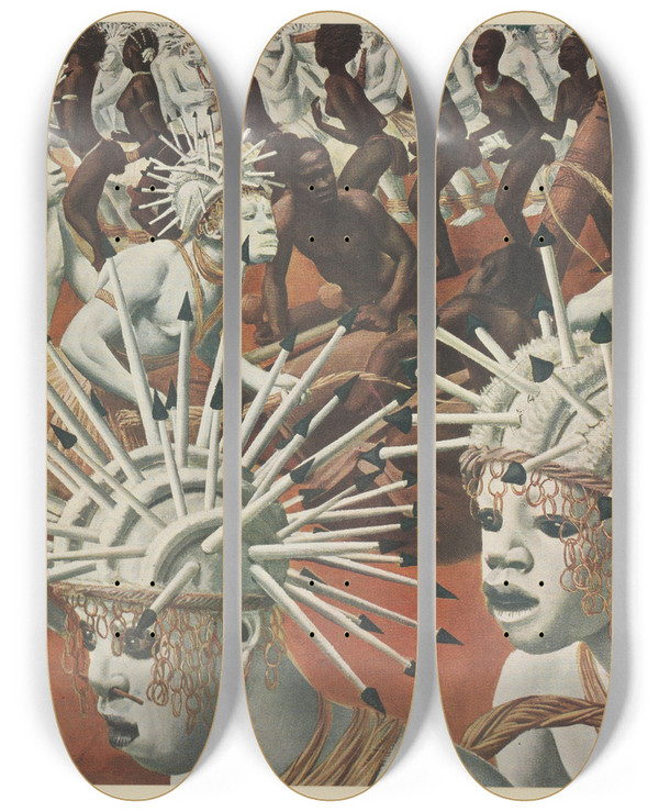 Triptych art skateboard deck of Alexandre Jacovleff Dessins Et Peintures Dafrique Pl 18 by Alexandre Jacovleff (1887-1938)