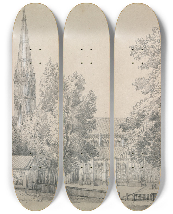 Triptych art skateboard deck of David Charles Read A View Of Salisbury Cathedral by David Charles Read (7901)