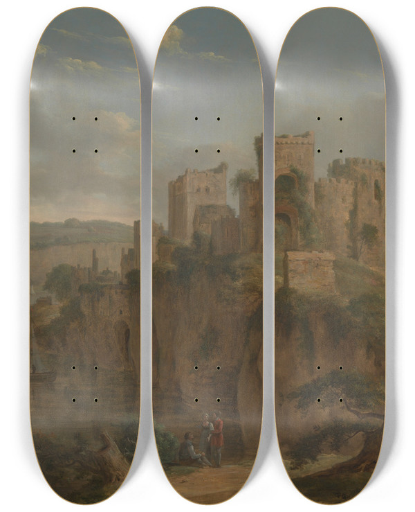 Triptych art skateboard deck of Hendrik Frans De Cort Chepstow Castle by Hendrik Frans De Cort (1742-1810)