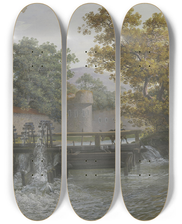 Triptych art skateboard deck of Polyxene Basse Eine Mhle Mit Drei Gngen Auf Der Brcke Ein Mann Auf Einem Esel by Polyxene Basse
