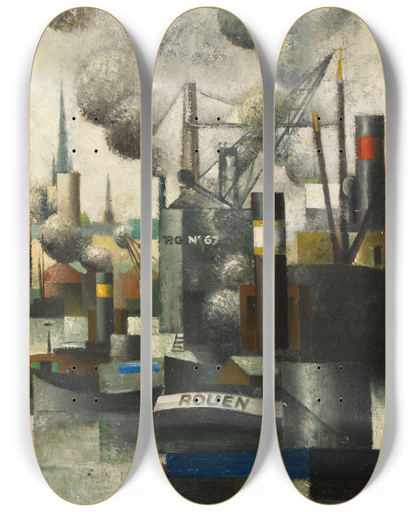 Triptych art skateboard deck of Pierre Hod Dans Le Port De Rouen by Pierre Hode (1889-1942)