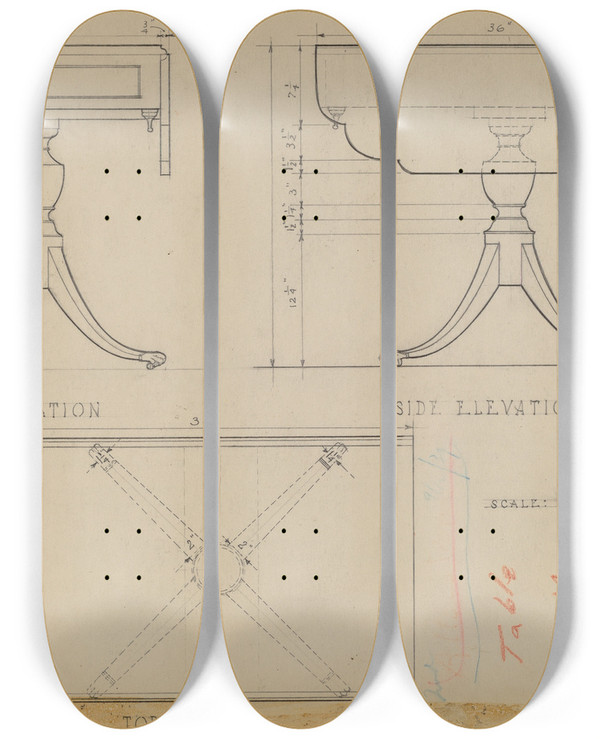 Triptych art skateboard deck of Arthur Johnson Drop Leaf Pedestal Table by Arthur Johnson