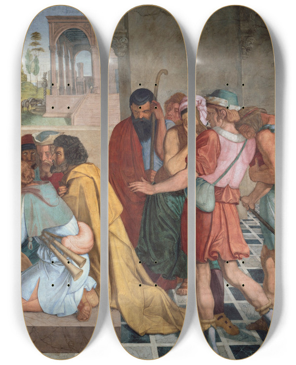 Triptych art skateboard deck of Peter Von Cornelius Joseph Reveals Himself To His Brothers by Peter Von Cornelius (1784-1867)