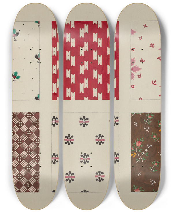 Triptych art skateboard deck of Dorothy Posten Materials From Quilt_5 by Dorothy Posten