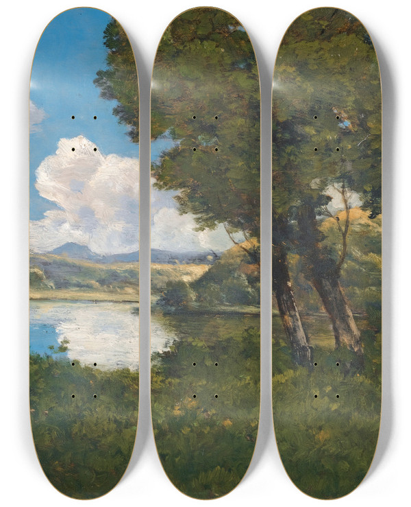 Triptych art skateboard deck of Henrijoseph Harpignies Au Bord Du Lac by Henri Joseph Harpignies (1819-1916)