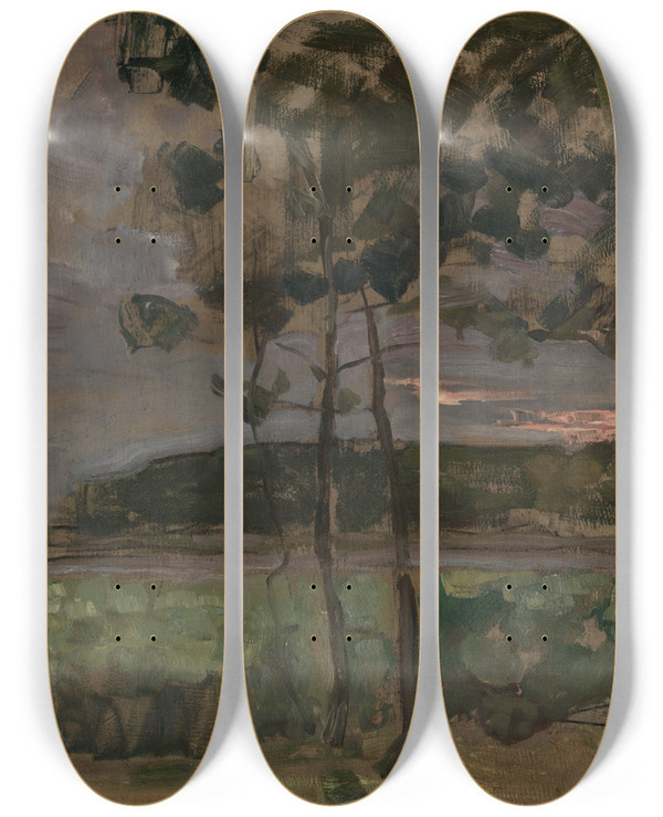Triptych art skateboard deck of Piet Mondrian Field With Young Trees In The Foreground by Piet Mondrian (1872-1944)
