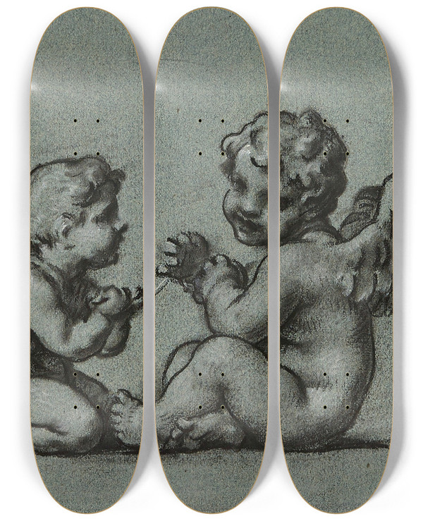 Triptych art skateboard deck of Pierrepaul Prudhon Les Dvideurs by Pierre-Paul Prud'hon (1758-1823)
