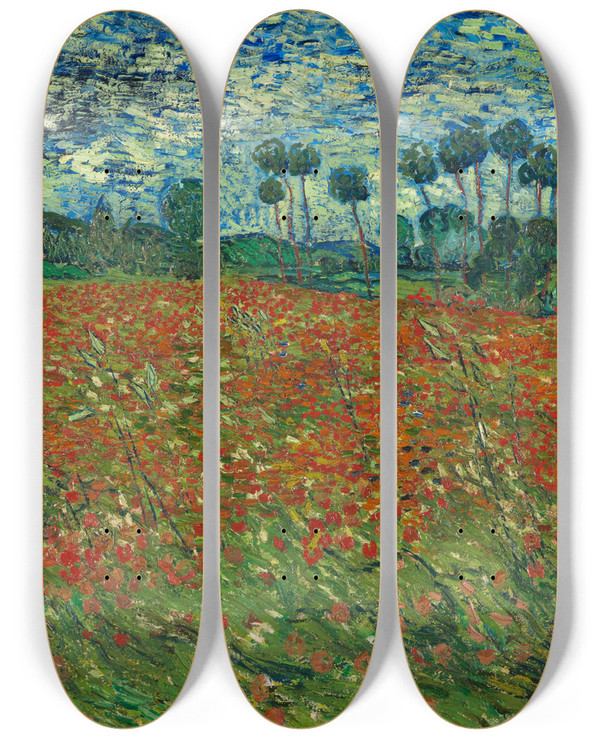 Triptych art skateboard deck of Vincent Van Gogh Poppy Field by Vincent van Gogh (1853-1890)