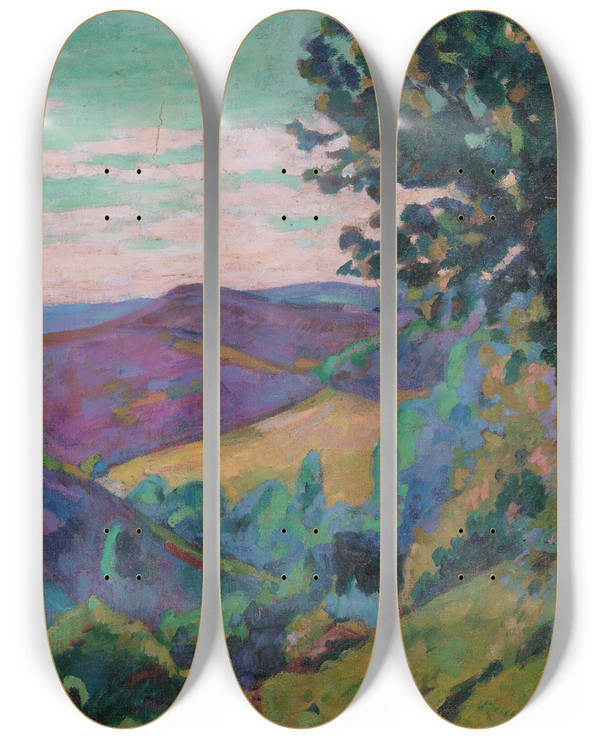 Triptych art skateboard deck of Armand Guillaumin Paysage De Crozant by Armand Guillaumin (1841-1927)