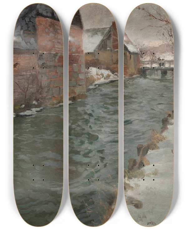 Triptych art skateboard deck of Frits Thaulow Hameau En Bord De Rivire by Frits Thaulow (1847-1906)