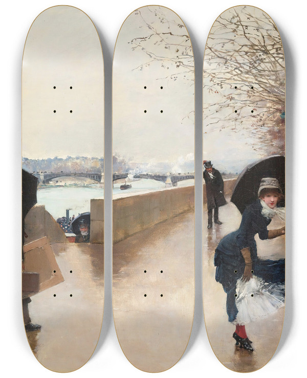 Triptych art skateboard deck of Jean Braud Le Vent by Jean Beraud (1849-1935)