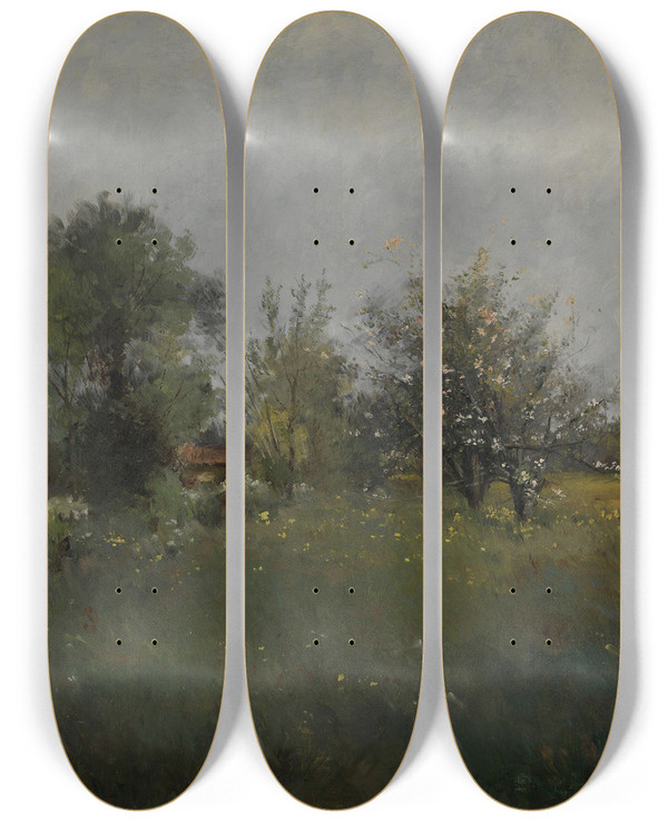 Triptych art skateboard deck of Longermain Pelouse Landscape by Lon-Germain Pelouse (1838-1891)