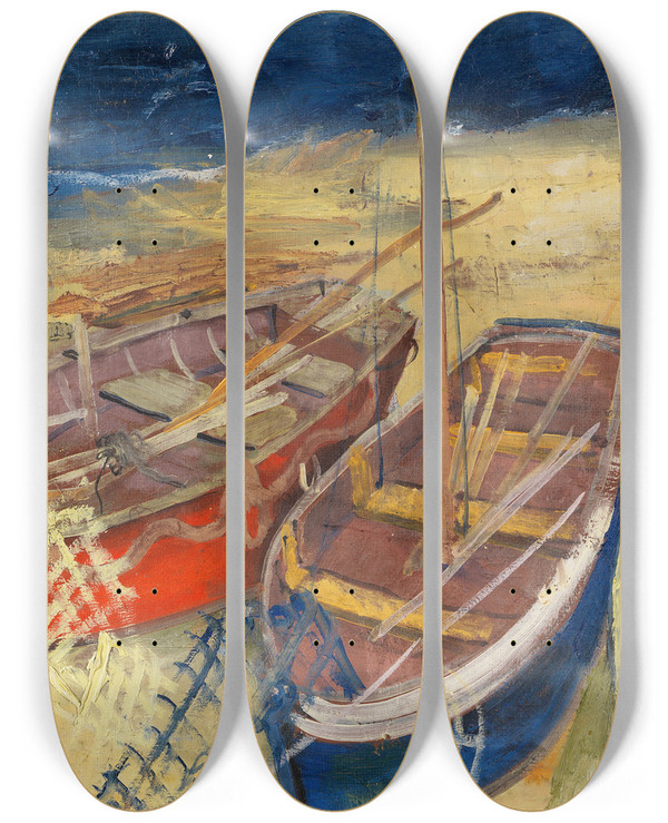 Triptych art skateboard deck of Felix Nussbaum Fischerboote Am Strand by Felix Nussbaum (1904-1944)