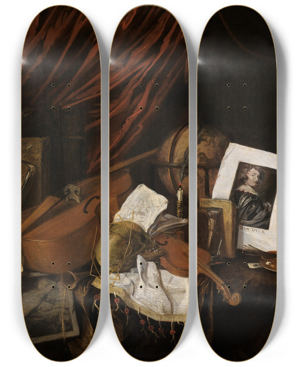 Triptych art skateboard deck of Jacques Adolphsz De Claeuw Vanitas Stillleben by Jacques Adolphsz. de Claeuw