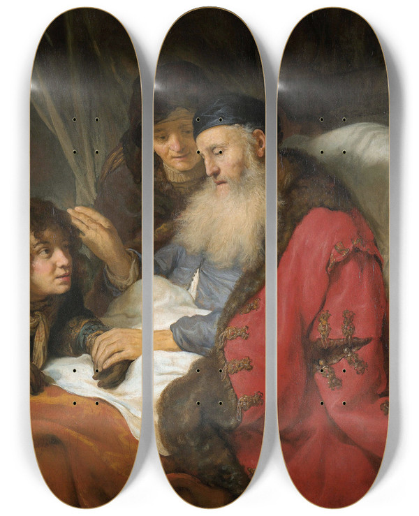 Triptych art skateboard deck of Govert Flinck Isaac Blessing Jacob by Govert Flinck (1615-1660)