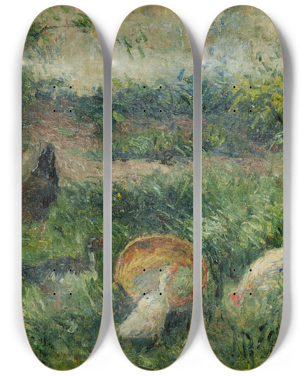Triptych art skateboard deck of Camille Pissarro Bassecour Avec Poules Et Canards by Camille Pissarro (1830-1903)