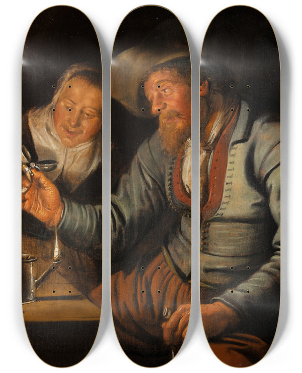 Triptych art skateboard deck of Jan Miense Molenaer The Five Sensessight by Jan Miense Molenaer (1610-1668)