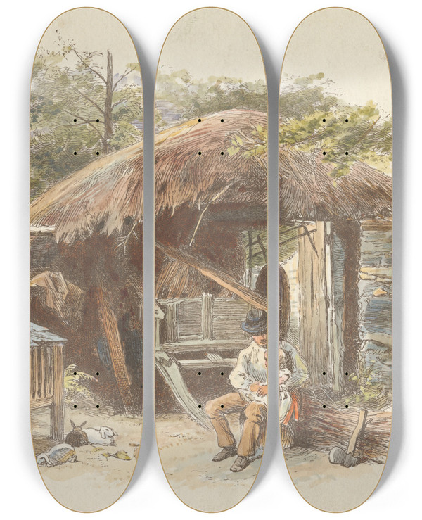 Triptych art skateboard deck of Alfred W Cooper Rabbits by Alfred W Cooper