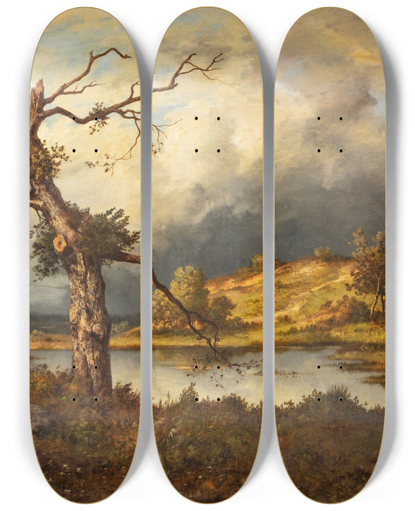 Triptych art skateboard deck of Leon Richet Thunderstorms Near Fontainebleau by Leon Richet (1847-1902)