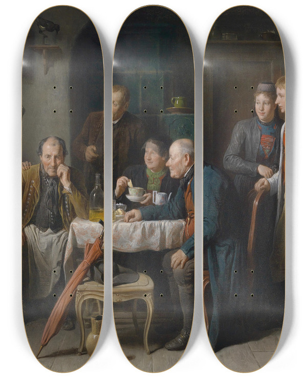 Triptych art skateboard deck of Friedrich Friedlnder Die Brautwerbung by Friedrich Friedlander (1825-1901)