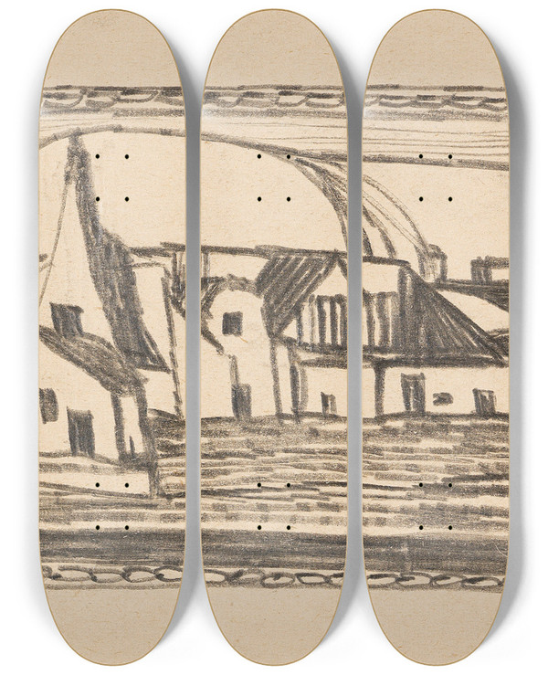 Triptych art skateboard deck of Adolf Hlzel Dorfansicht by Adolf Holzel (1853-1934)