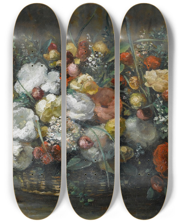 Triptych art skateboard deck of Albert Duboispillet Nature Morte Dans Une Corbeille by Albert Dubois Pillet (1846-1890)