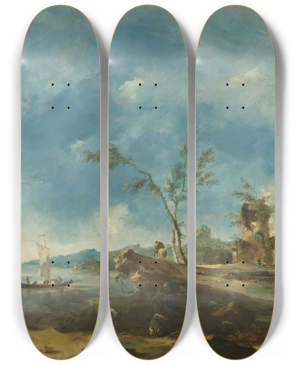 Triptych art skateboard deck of Francesco Guardi Fantastic Landscape_2 by Francesco Guardi (1712-1793)