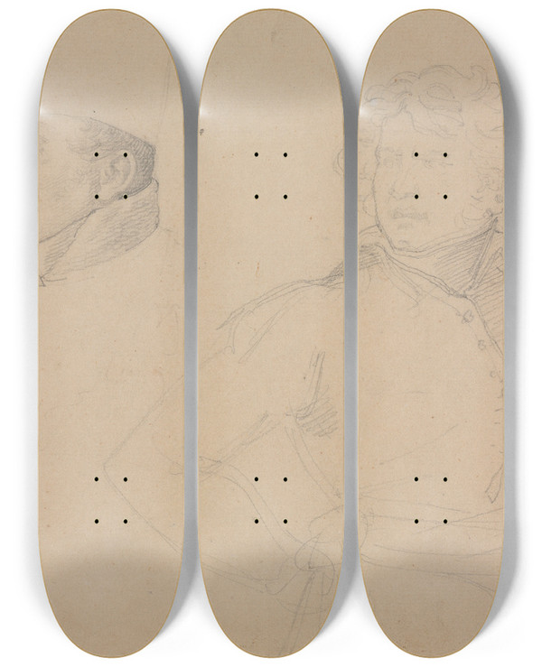Triptych art skateboard deck of Thodore Gricault Study Of Two Soldiers by Theodore Gericault (1791-1824)