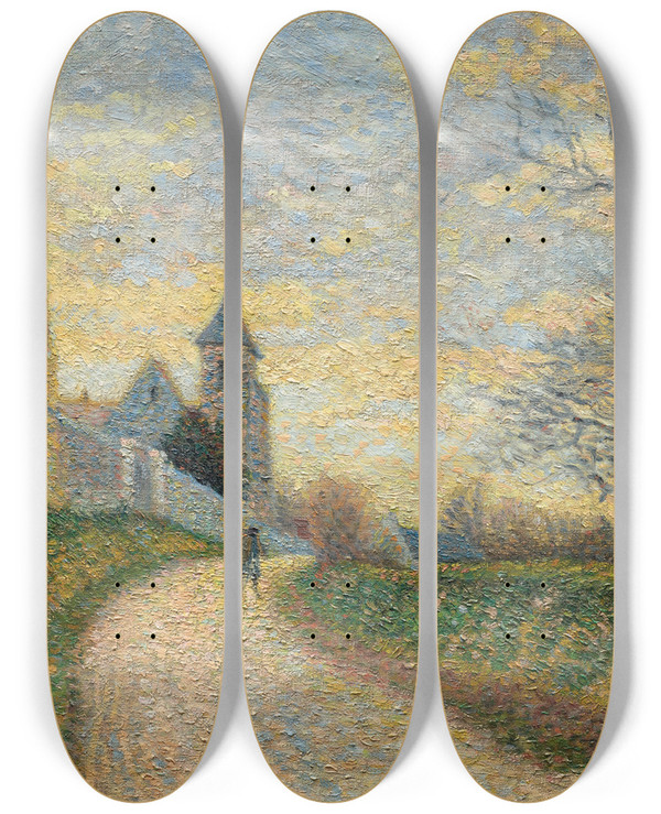 Triptych art skateboard deck of Lo Gausson Paysage Aux Environs De Lagny Lglise De Conches by Leo Gausson (1860-1944)