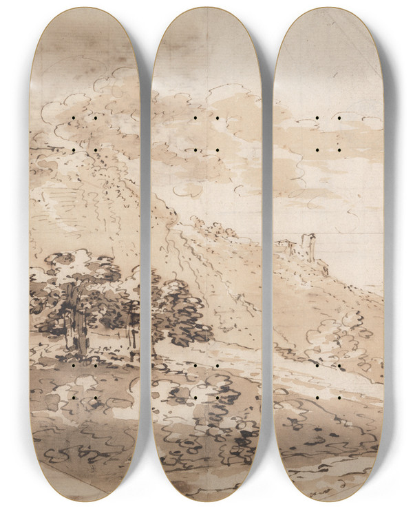 Triptych art skateboard deck of Richard Cooper The Elder Oval Hilly Landscape by Richard Cooper The Elder (1701-1764)