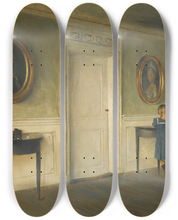 Triptych art skateboard deck of Peter Ilsted The Artists Daughters In An Interior by Peter Ilsted (1861-1933)