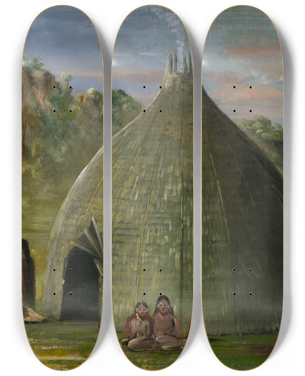 Triptych art skateboard deck of George Catlin Wichita Lodge Thatched With Prairie Grass by George Catlin (1796-1872)