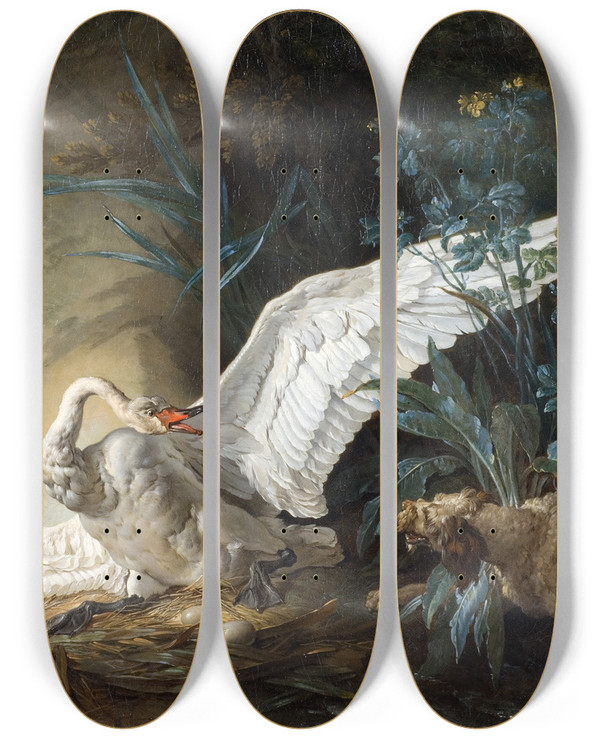 Triptych art skateboard deck of Jeanbaptiste Oudry Water Spaniel Surprising A Swan On Its Nest by Jean-Baptiste Oudry (1686-1755)