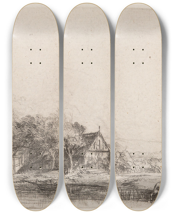 Triptych art skateboard deck of Rembrandt Van Rijn Landscape With Cow by Rembrandt Van Rijn (1606-1669)