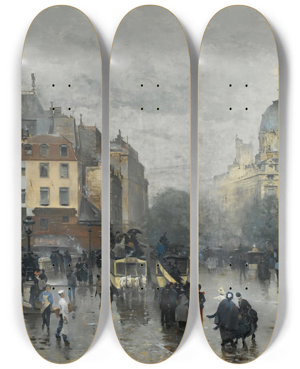 Triptych art skateboard deck of Alfred Smith After The Rain by Alfred Smith (1854-1932)
