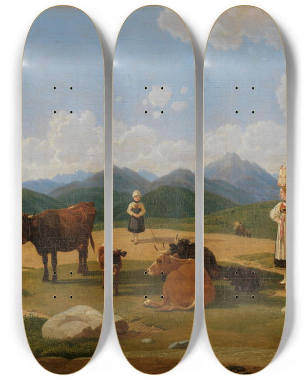 Triptych art skateboard deck of Wilhelm Von Kobell Auf Der Alm by Wilhelm von Kobell (1766-1853)