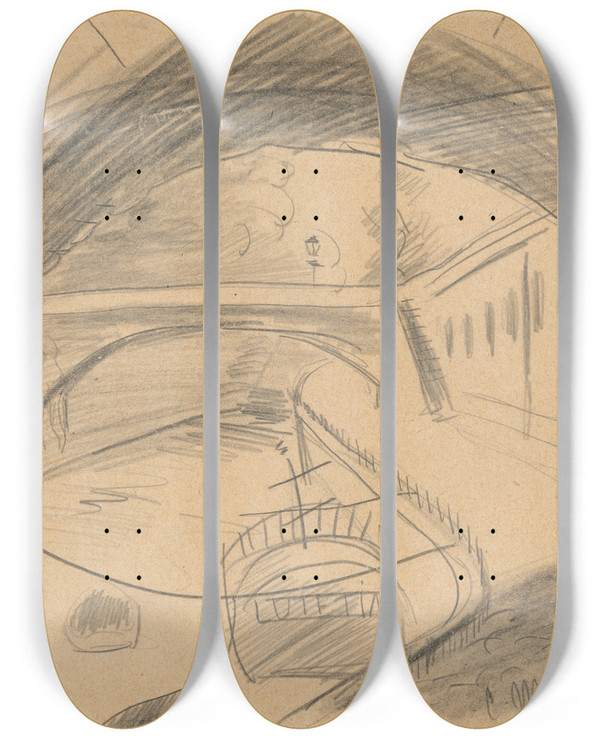Triptych art skateboard deck of Cyprin Majernk Bridge by Cyprian Majernik (1909-1945)