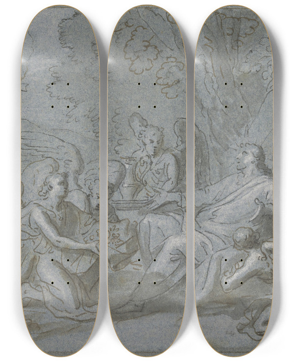 Triptych art skateboard deck of Charles Le Brun Christus Von Vier Engeln Bedient by Charles Le Brun (1619-1690)