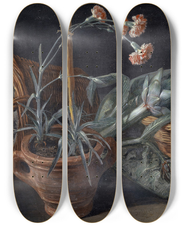 Triptych art skateboard deck of Pieter Snyers Fruit Basket And Pinks by Pieter Snyers (1681-1752)